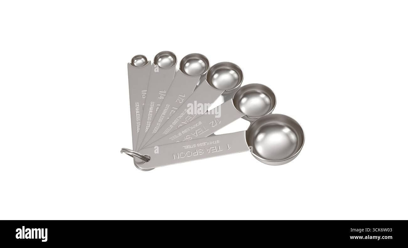 A set of stainless steel measuring spoons arranged on a ring for ...