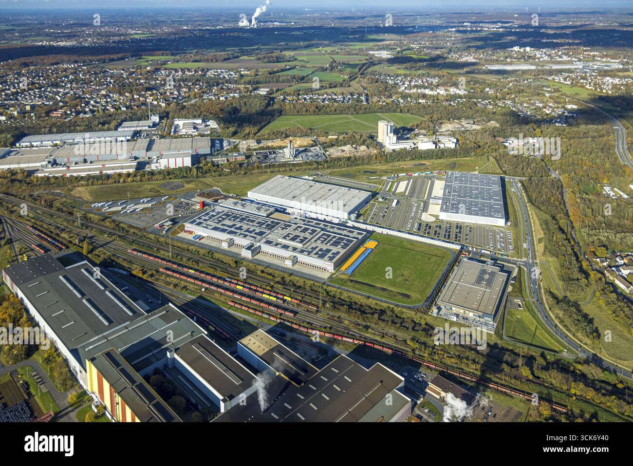 Aerial view, development industrial estate Westfalenhuette sinter plant with Bergisch-Westerwaelder Hartsteinwerke and the logistics companies Rewe wi Stock Photo