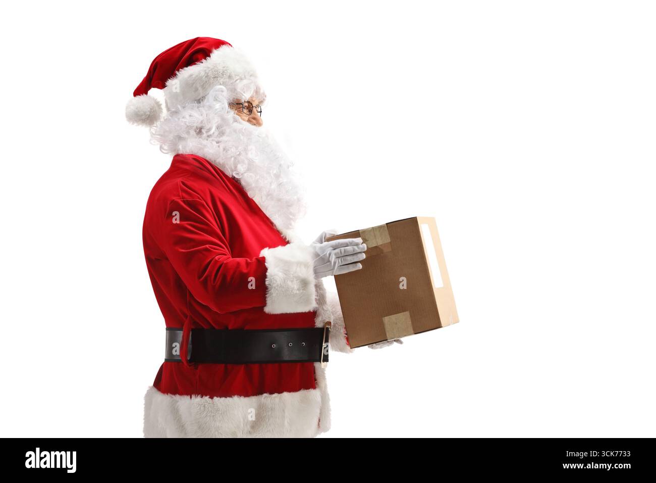 Santa Moving Box Santa claus delivering a cardboard box package isolated on white ...