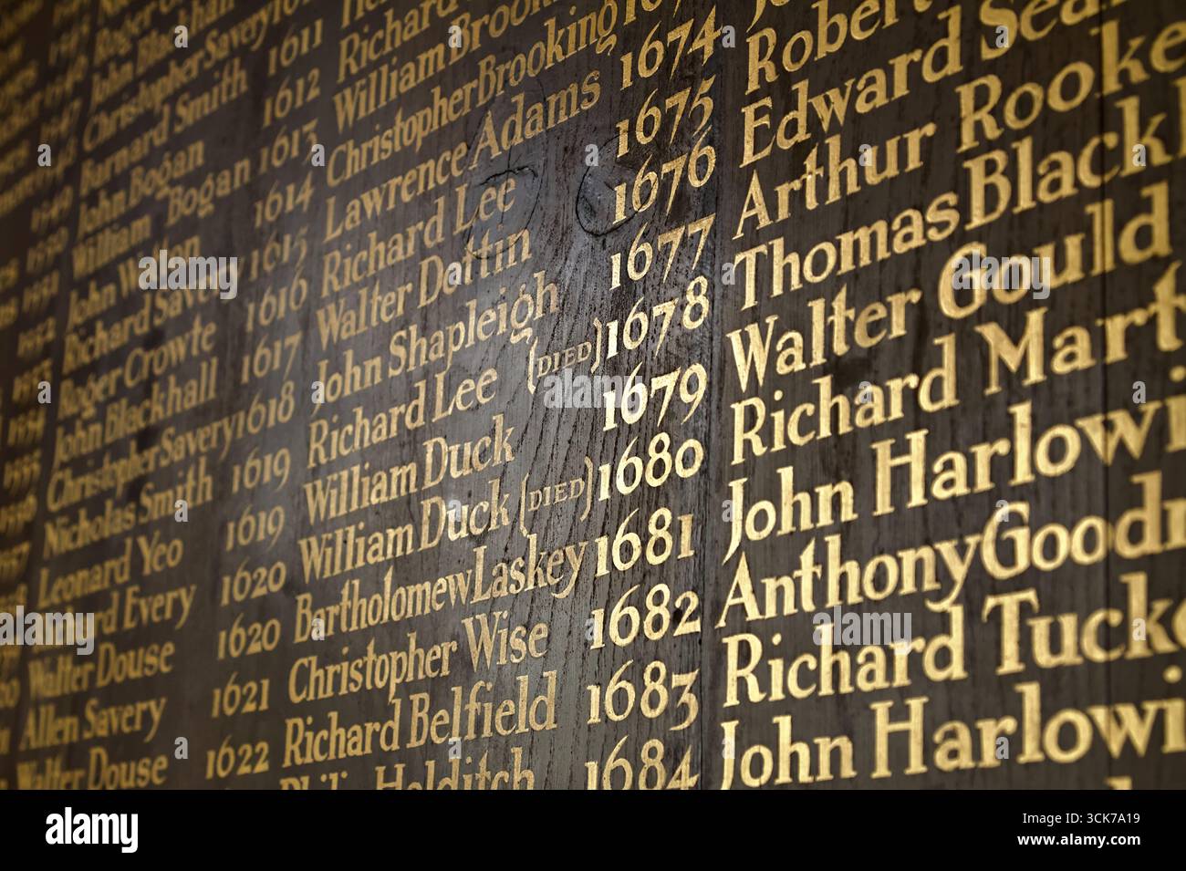 List Of Gilded Painted Names On A Role Of Honour Wooden Board Of The Names Of All Mayors That Served Totnes Since The 16th Century, Totnes Guildhall,T Stock Photo