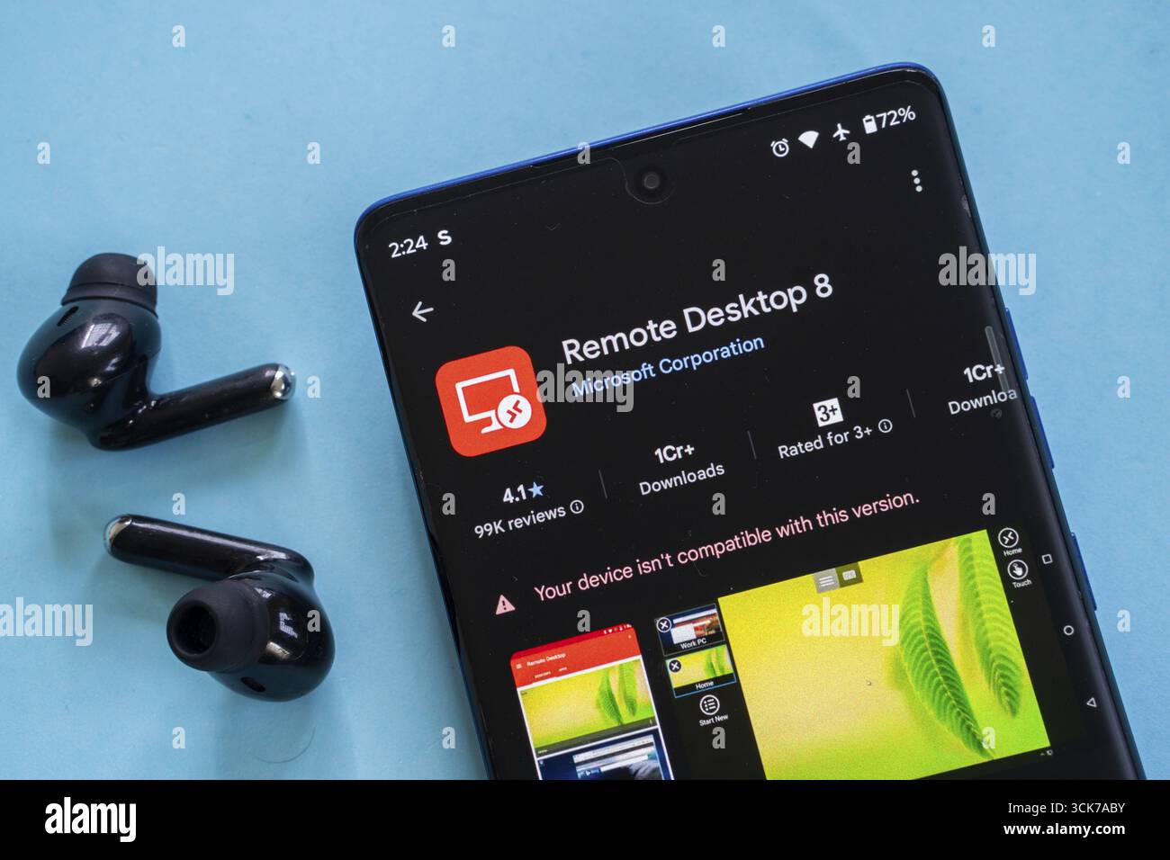 Screen showing Remote Desktop 8 app with earbuds and compatibility ...