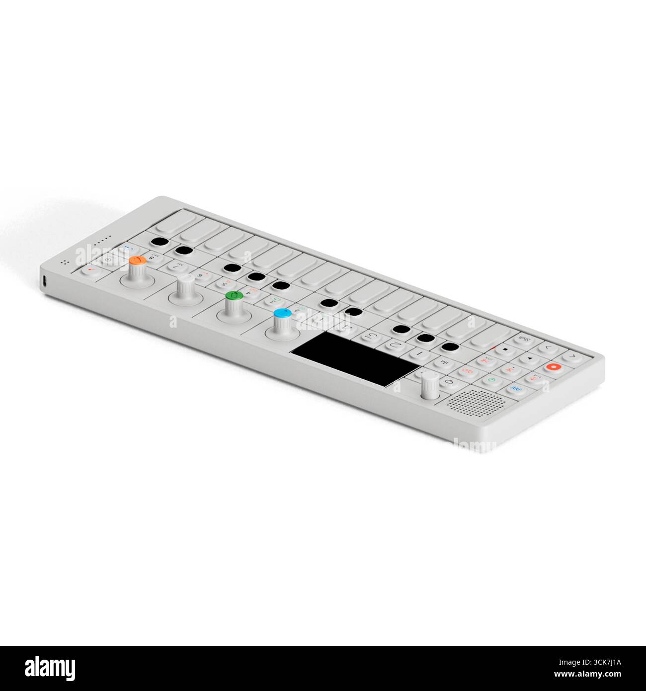 A compact music synthesizer with keys, knobs, and a display for creating and manipulating sounds. Stock Photo