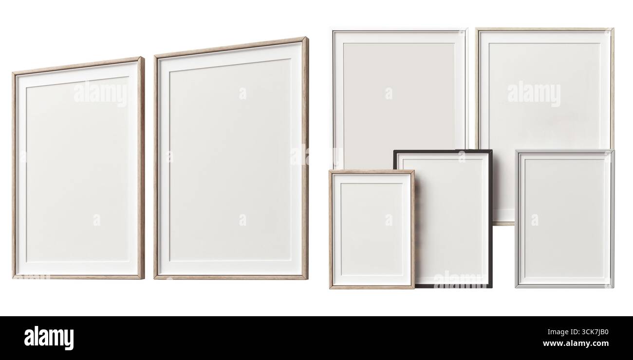 A collection of empty picture frames in various sizes and colors, ready for artwork or photos. Stock Photo