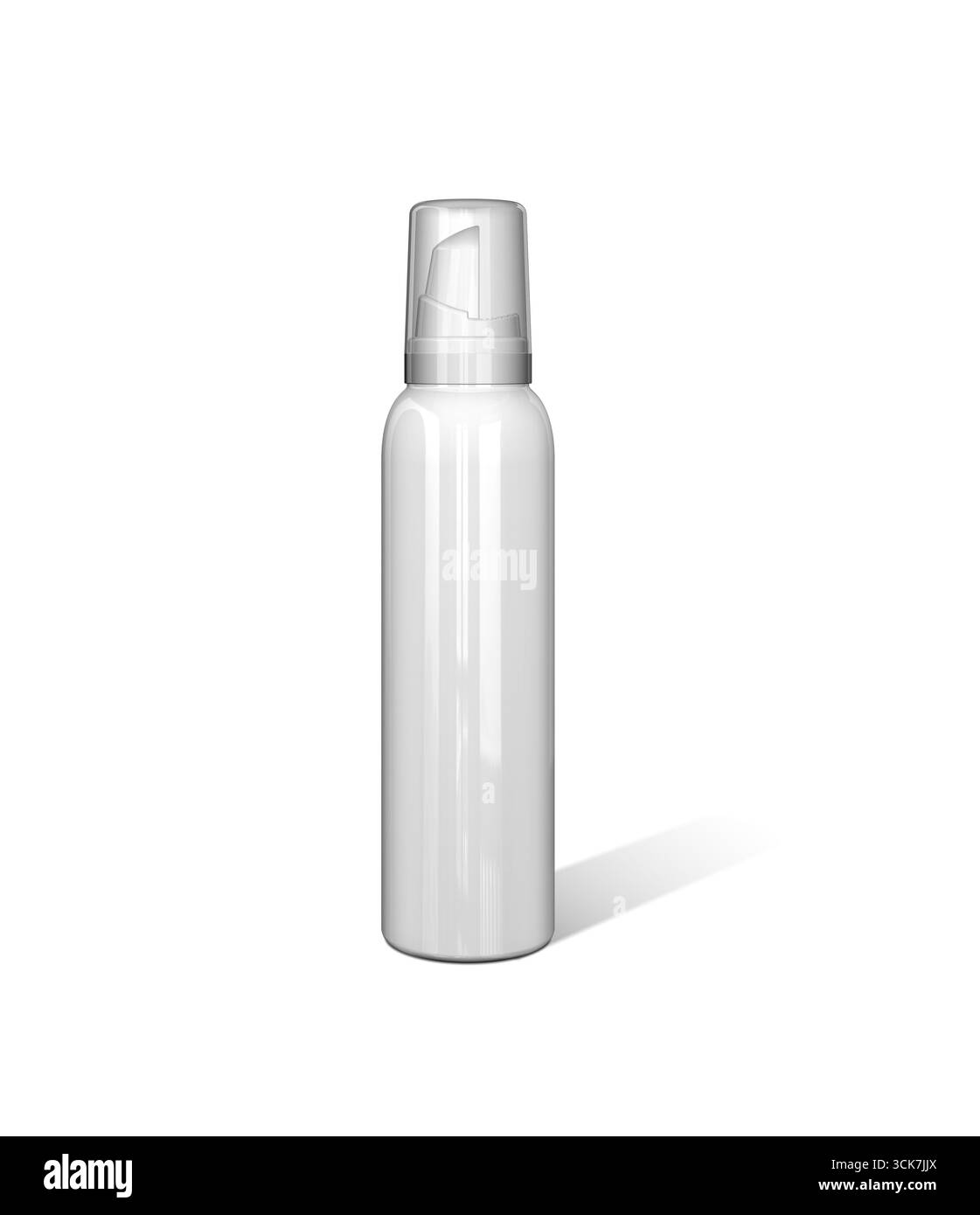 A sleek, white spray bottle with a pump top, designed for dispensing liquids or aerosols. Stock Photo