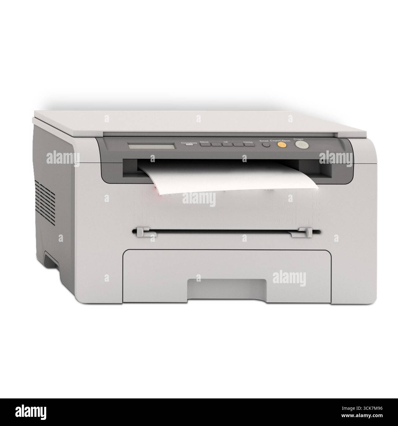 A compact printer with a sheet of paper emerging from the output tray ...