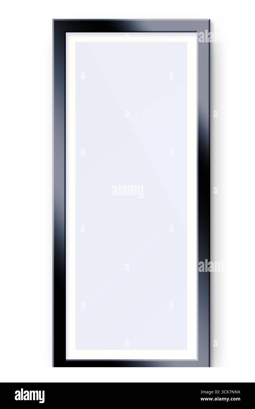 A tall, rectangular mirror with a sleek black frame, designed for reflection and interior decoration. Stock Photo