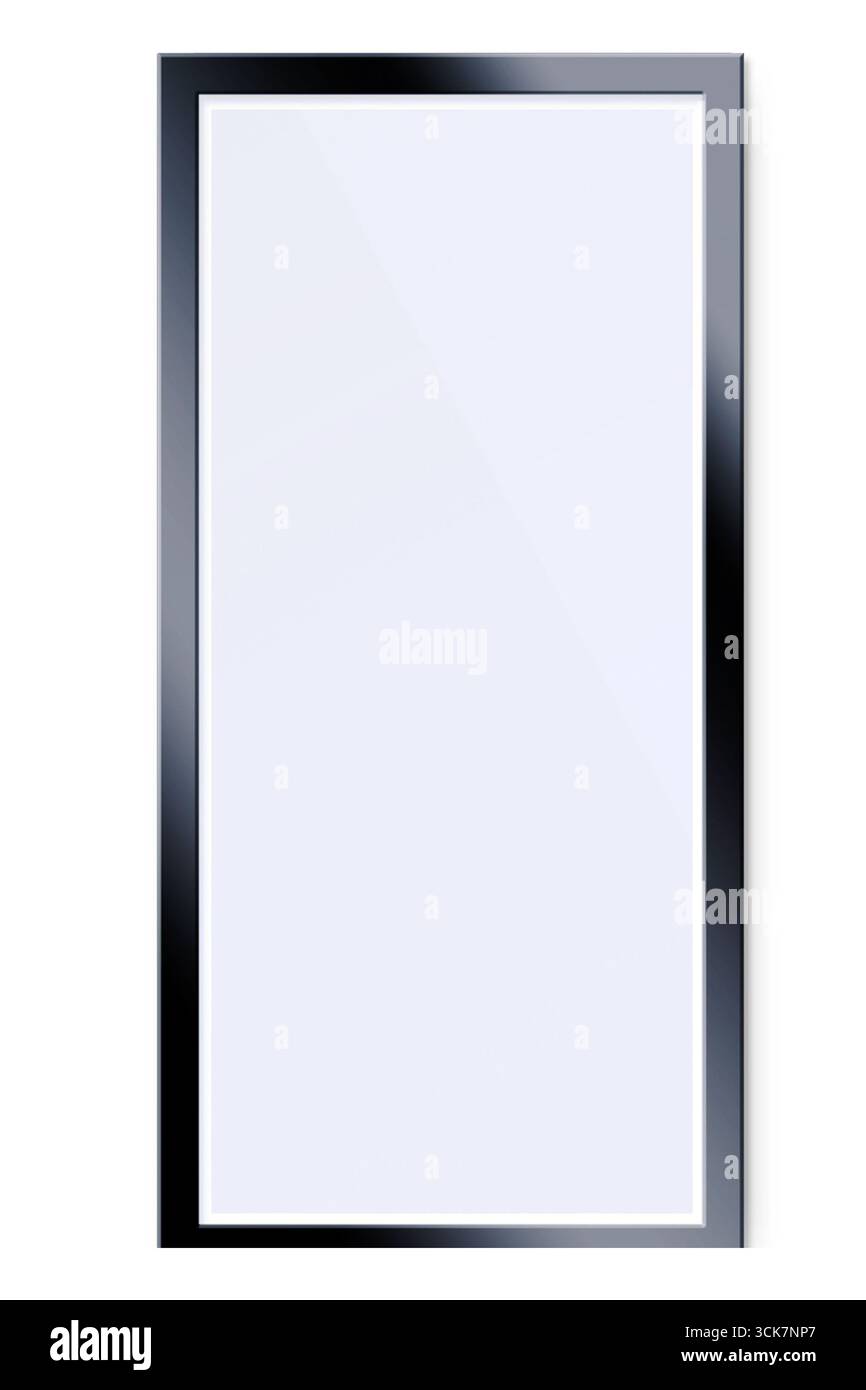 A simple rectangular mirror with a sleek black frame, reflecting light and surroundings. Stock Photo