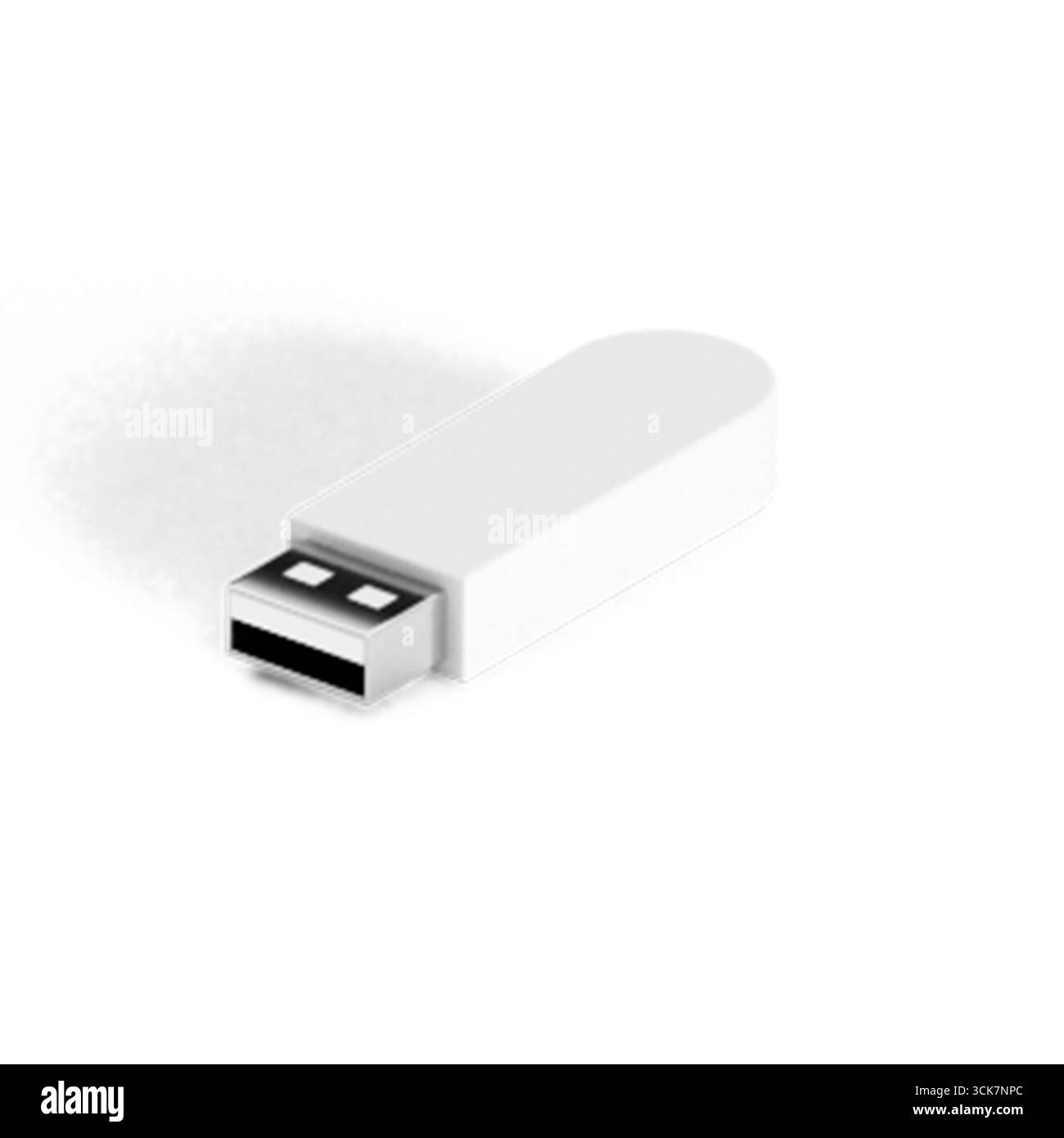 A simple white USB flash drive, used for data storage and transfer between devices. Stock Photo