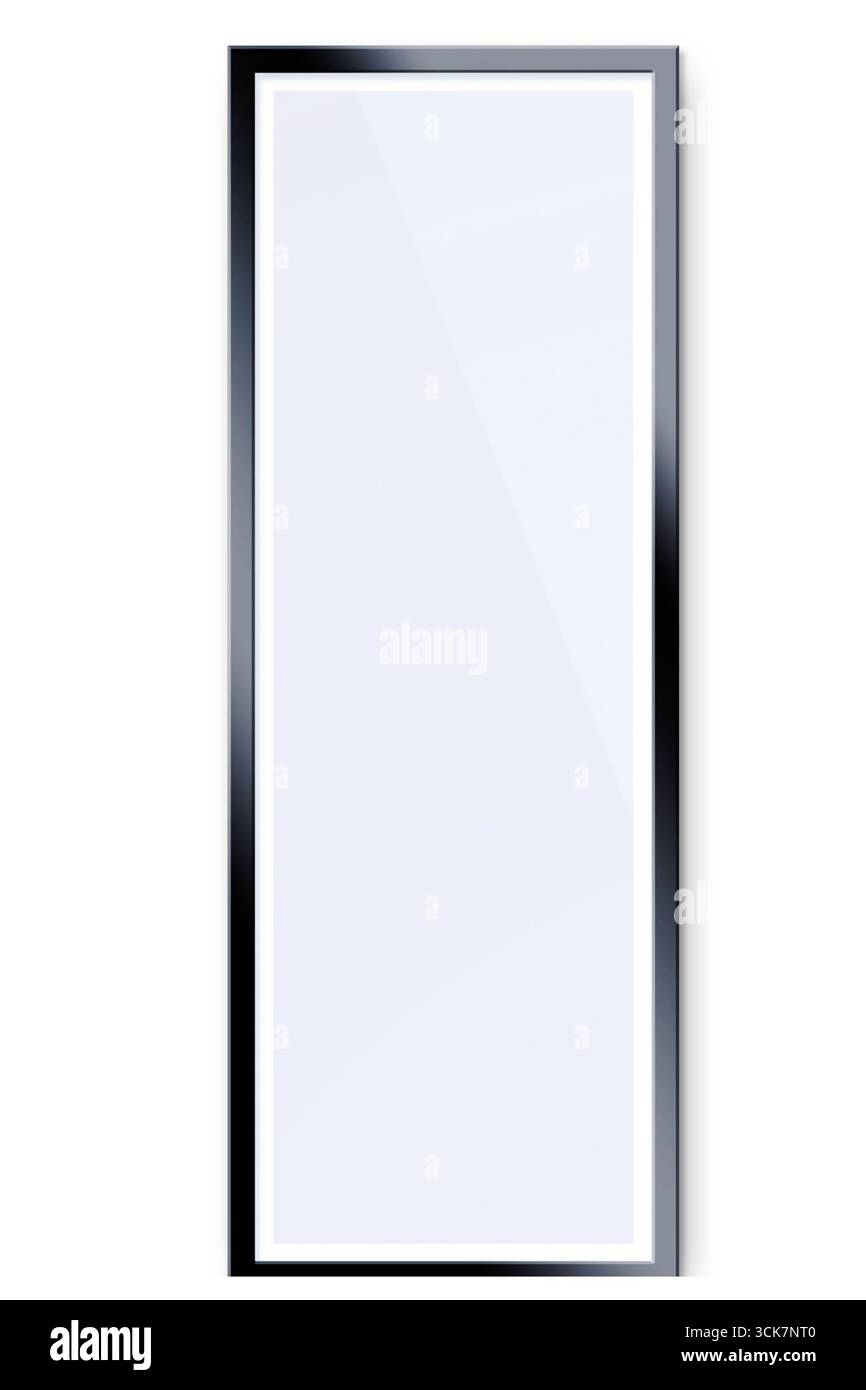 A tall, rectangular mirror with a sleek black frame, designed for reflection and decoration. Stock Photo