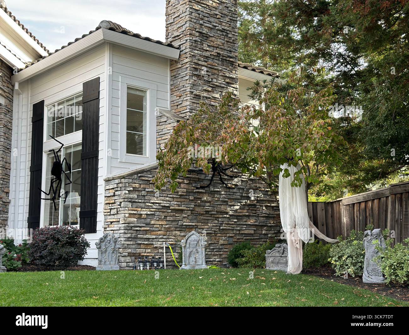 Haunted Yard with Ghost, Spiders, and Tombstones for Halloween Stock Photo