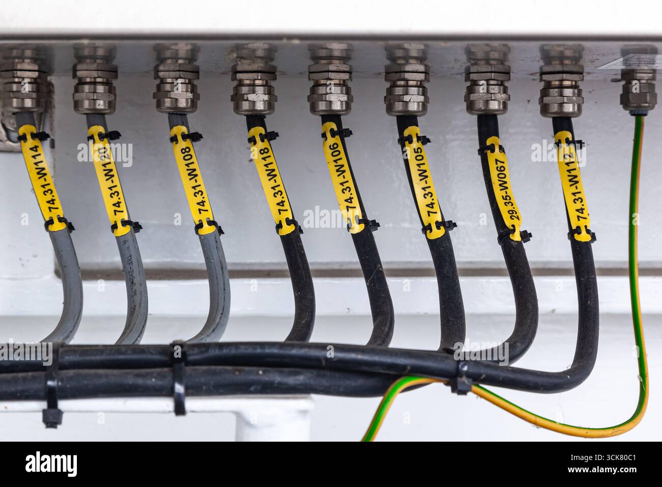 Several powerful electrical cables connected to a junction box. Stock Photo