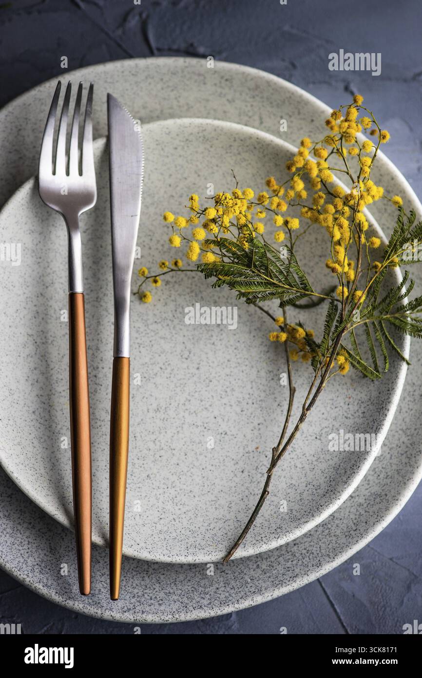 Festive table setting with mimosa flowers for easter holiday dinner Stock Photo
