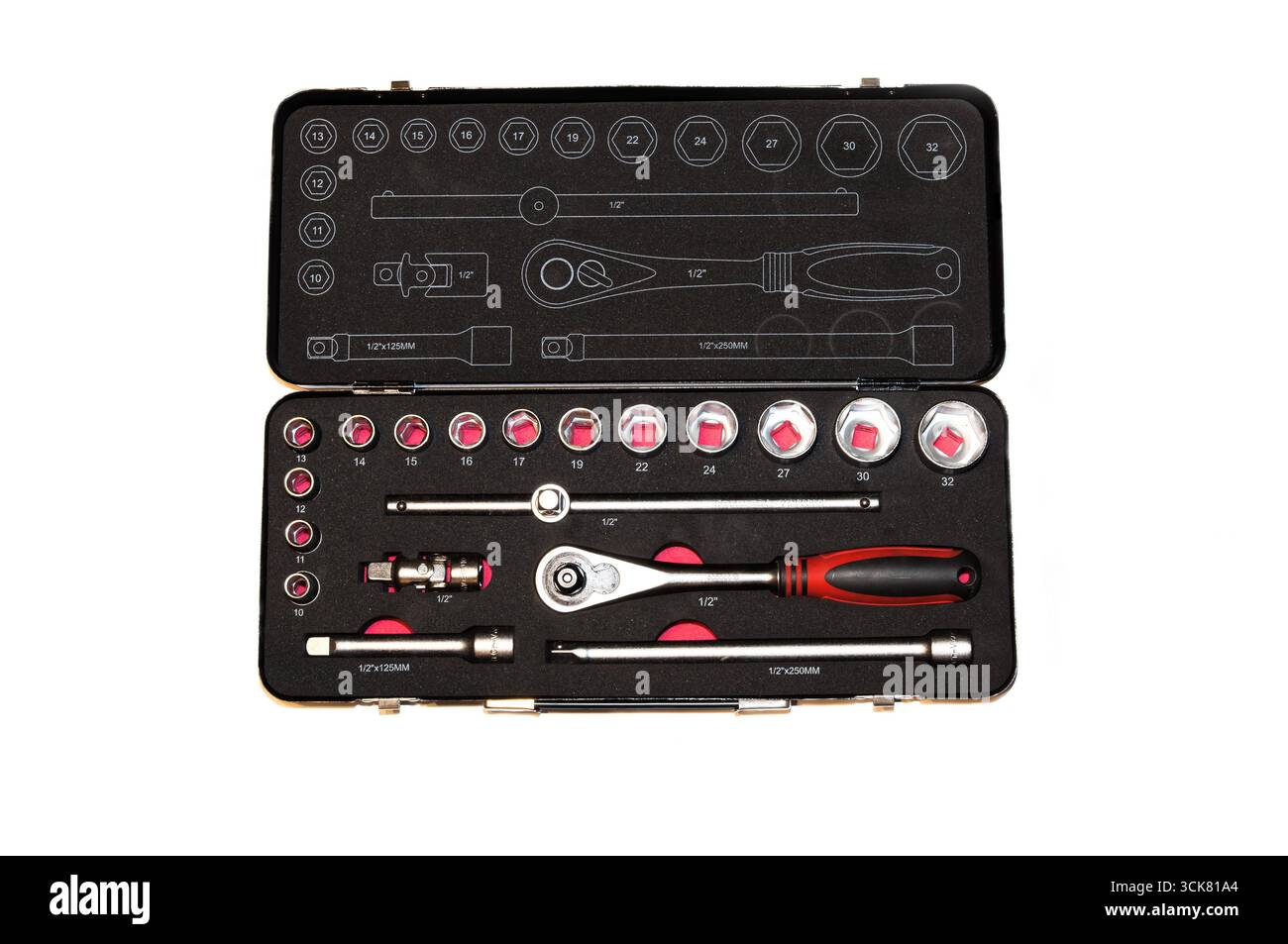 A set of wrenches, sockets, and holders for ratchet sockets and adapters. Stock Photo