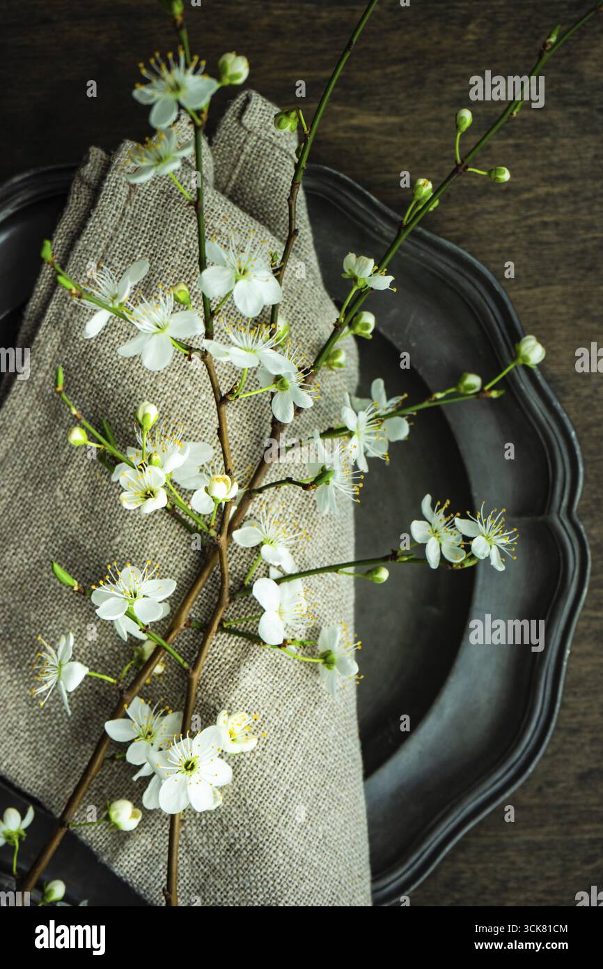 Feastive table setting for holiday Easter dinner decorated with blooming cherry flowers on rustic table with copy space Stock Photo