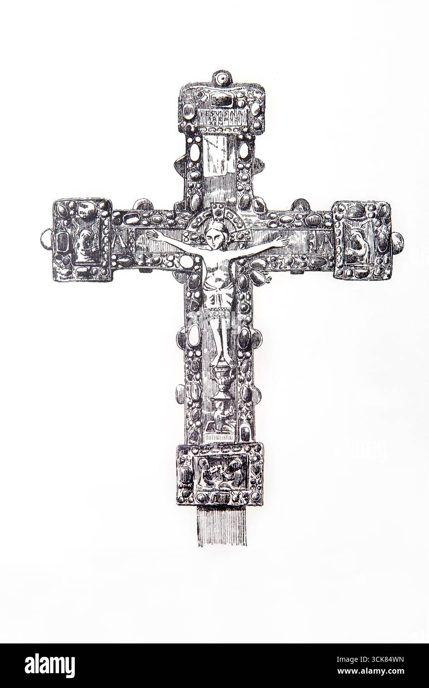Illustration of the 10th Century Processional Cross of Munster with the Crucifixion of Jesus Christ Standing on a Chalice to collect his blood and Ada Stock Photo
