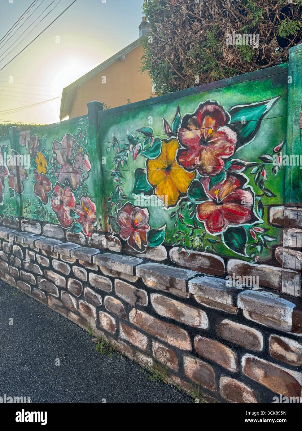House in Audincourt,France, featuring a colorful floral mural, reflecting local tradition of decorative flower displays by the Audincourtois community - Smartphone Captured Stock Image