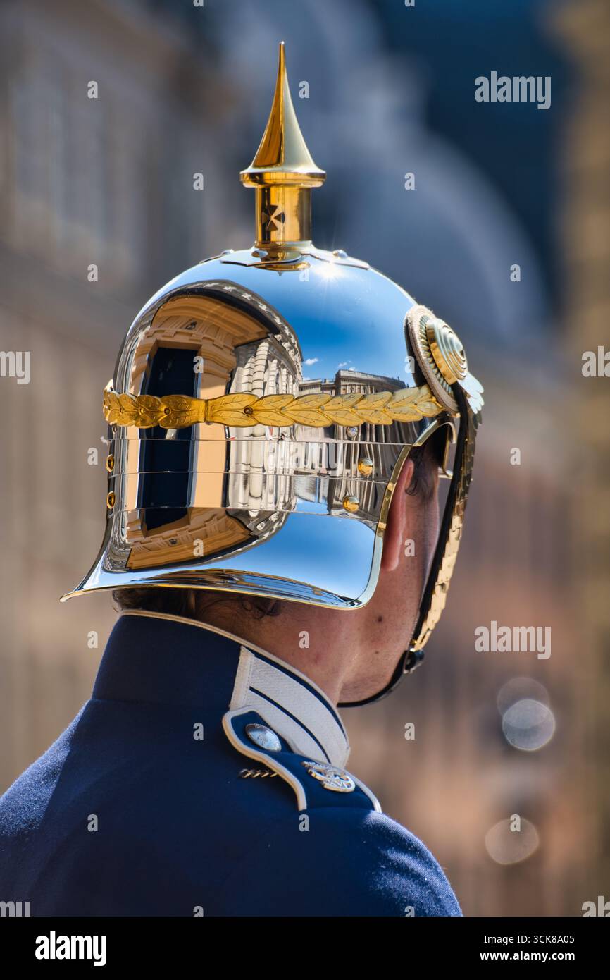 Picket Guard Royal palace of Stockholm reflected on the helmet of the guard picket ...