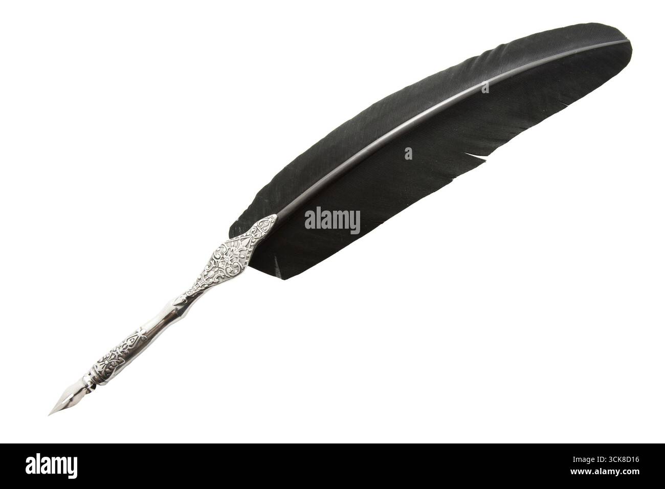 Feather pen and ink bottle on old paper background Stock Photo - Alamy