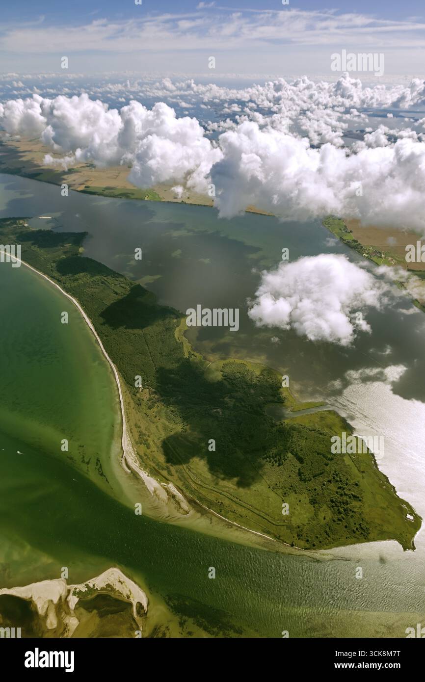 Aerial view, Rassower Strom, passage Hiddensee and Ruegen, trough, Vitter Bodden, bow, clouds, island Hiddensee, island Ruegen, Mecklenburg-Vorpommern Stock Photo
