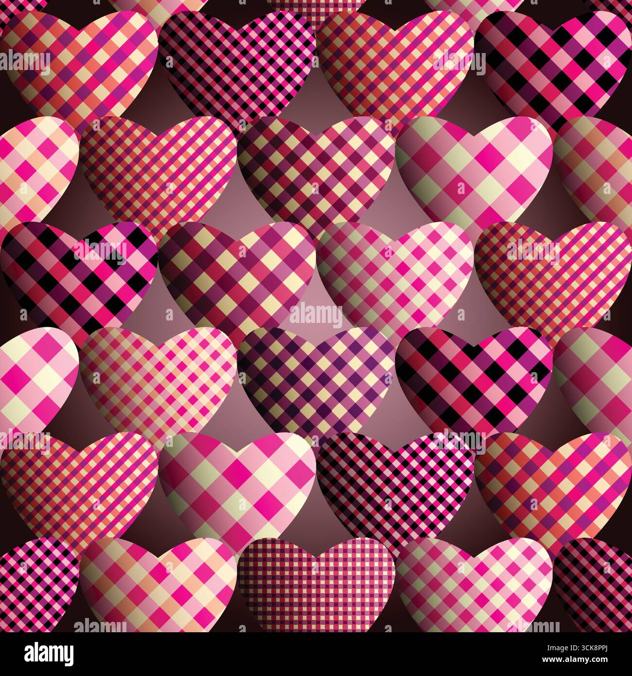 Pink purple hearts with plaid patterns on gradient gray background Stock Vector