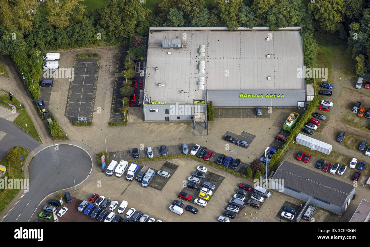 Aerial view, bowling arena, leisure hall, Rheinkamp-Utfort, Moers, Ruhr area, North Rhine-Westphalia, Germany, activity, architecture, bowling alley, Stock Photo