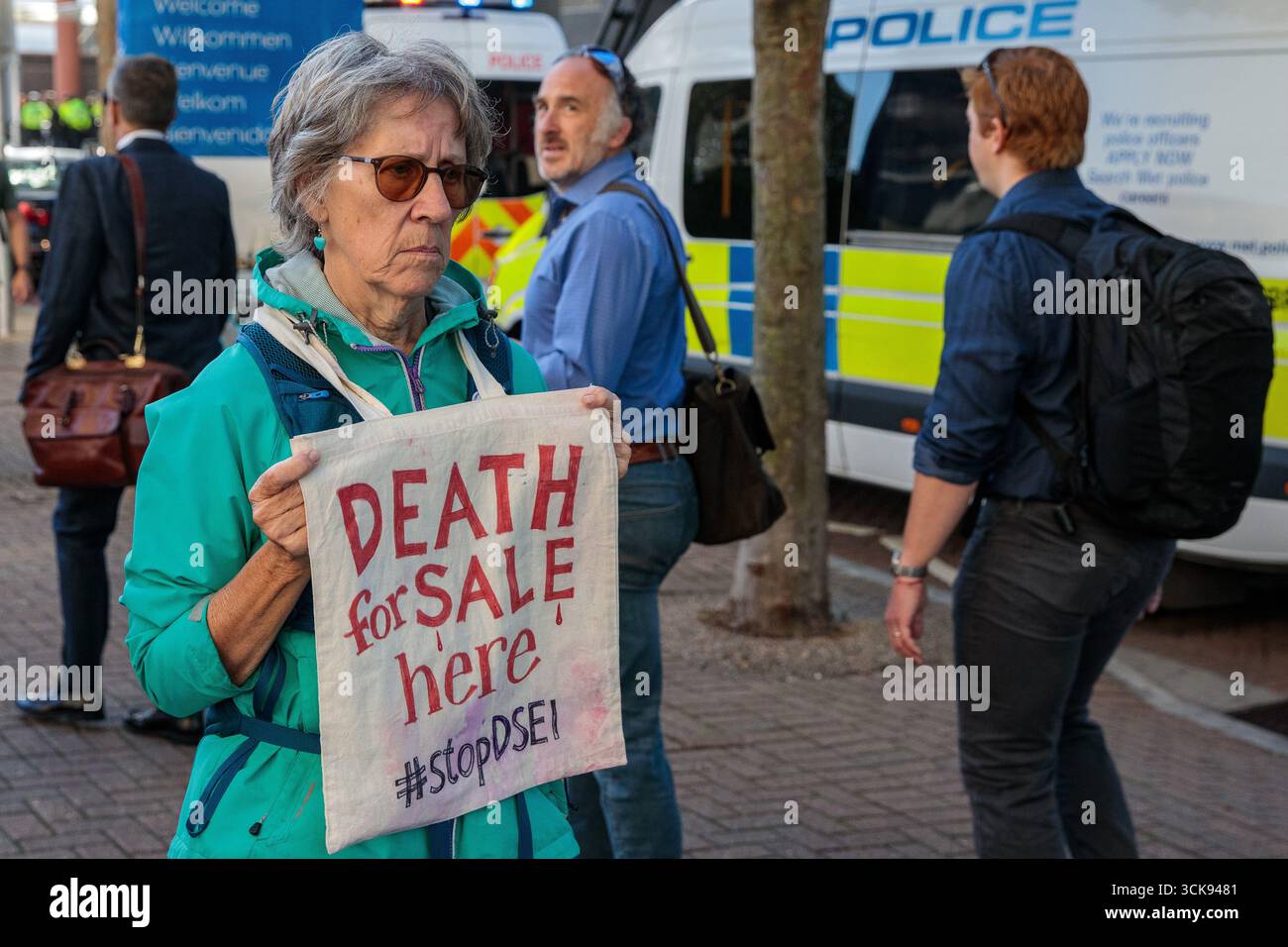 London, UK. 9th September, 2025. A campaigner against the arms trade ...