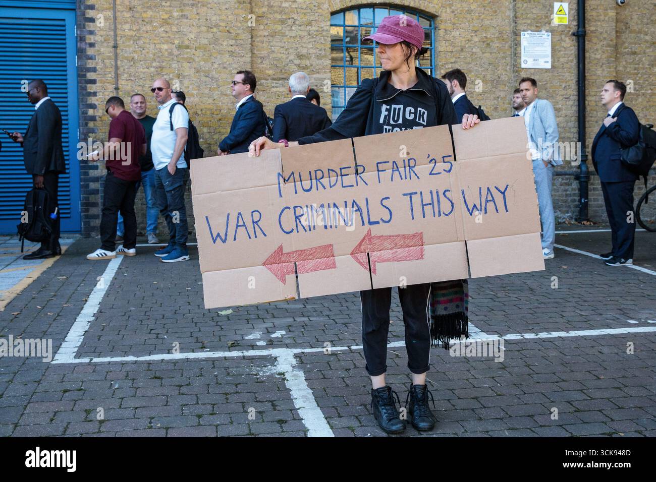 London, UK. 9th September, 2025. A campaigner against the arms trade ...