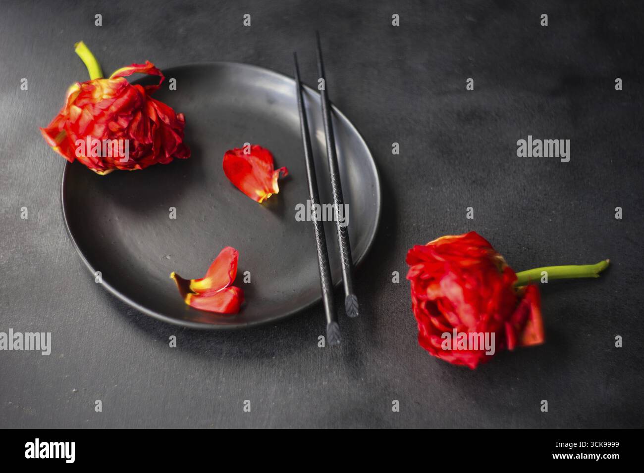 Summer table setting decorated with Red Princess tulips on rustic background Stock Photo