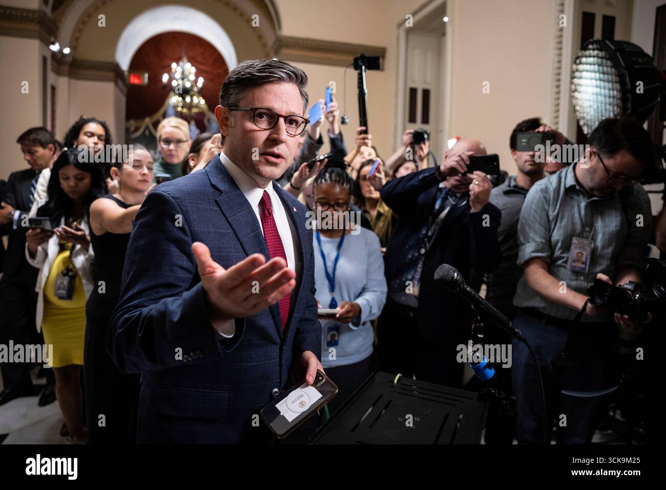 House Speaker Mike Johnson (R-La.) speaks with reporters at the U.S ...