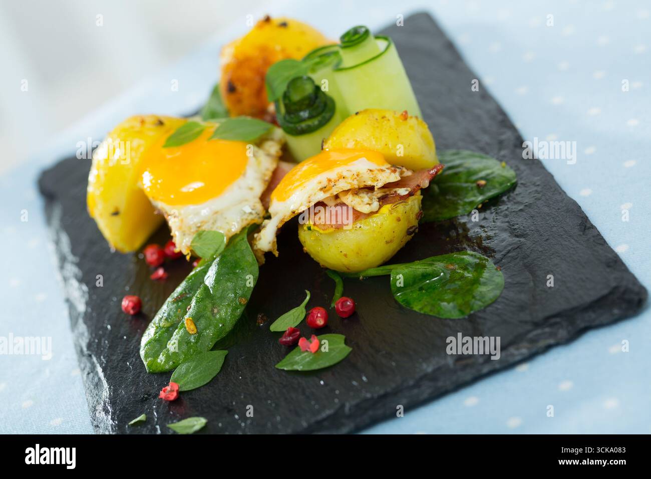 Potato burgers with quail egg Stock Photo