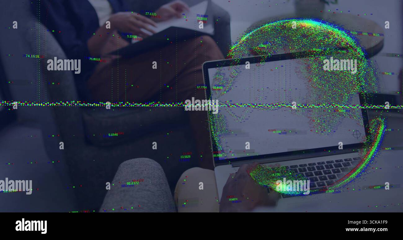 Collaborating three professionals analyzing code with globe overlay in office lounge, floating data Stock Photo
