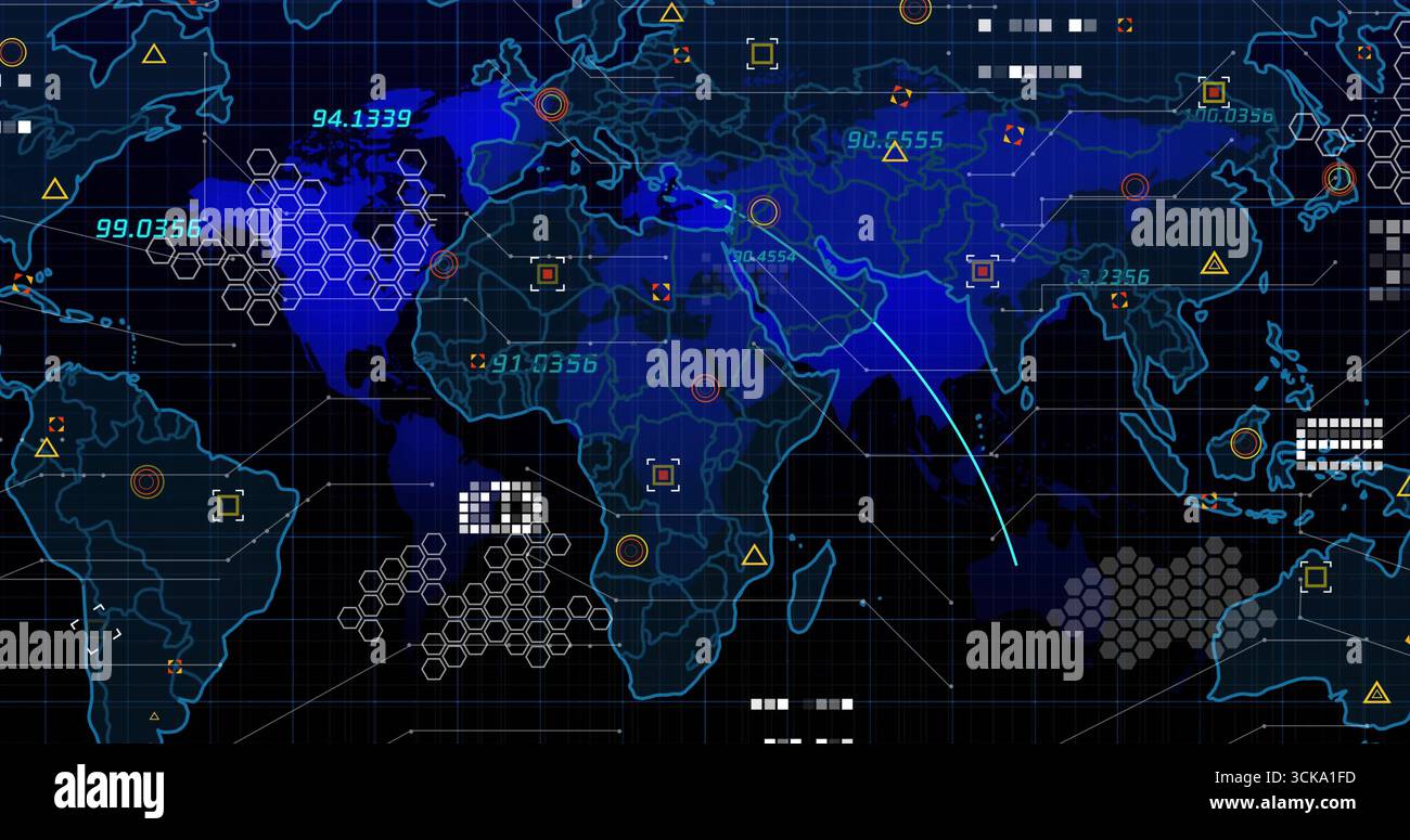 Displaying world map overlay showing hexagonal grid clusters on control panel, with numeric labels Stock Photo