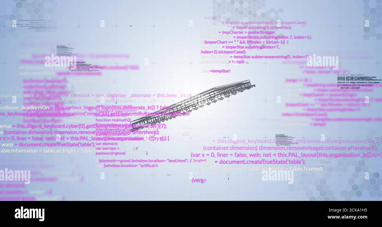Displaying rail map floating over abstract workspace with JavaScript code and hex grid texture Stock Photo