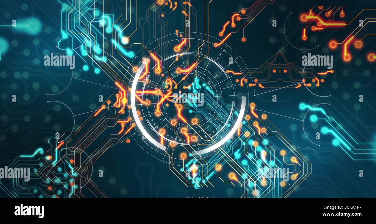 Animating central hologram interface rotating on grid, with concentric rings, circuits and nodes Stock Photo
