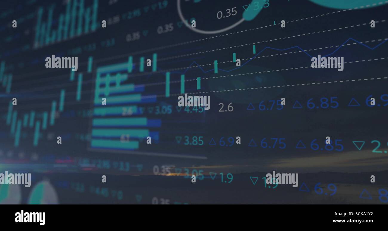 Displaying trading dashboard on screen showing candlesticks bar and line graphs, numeric indicators Stock Photo