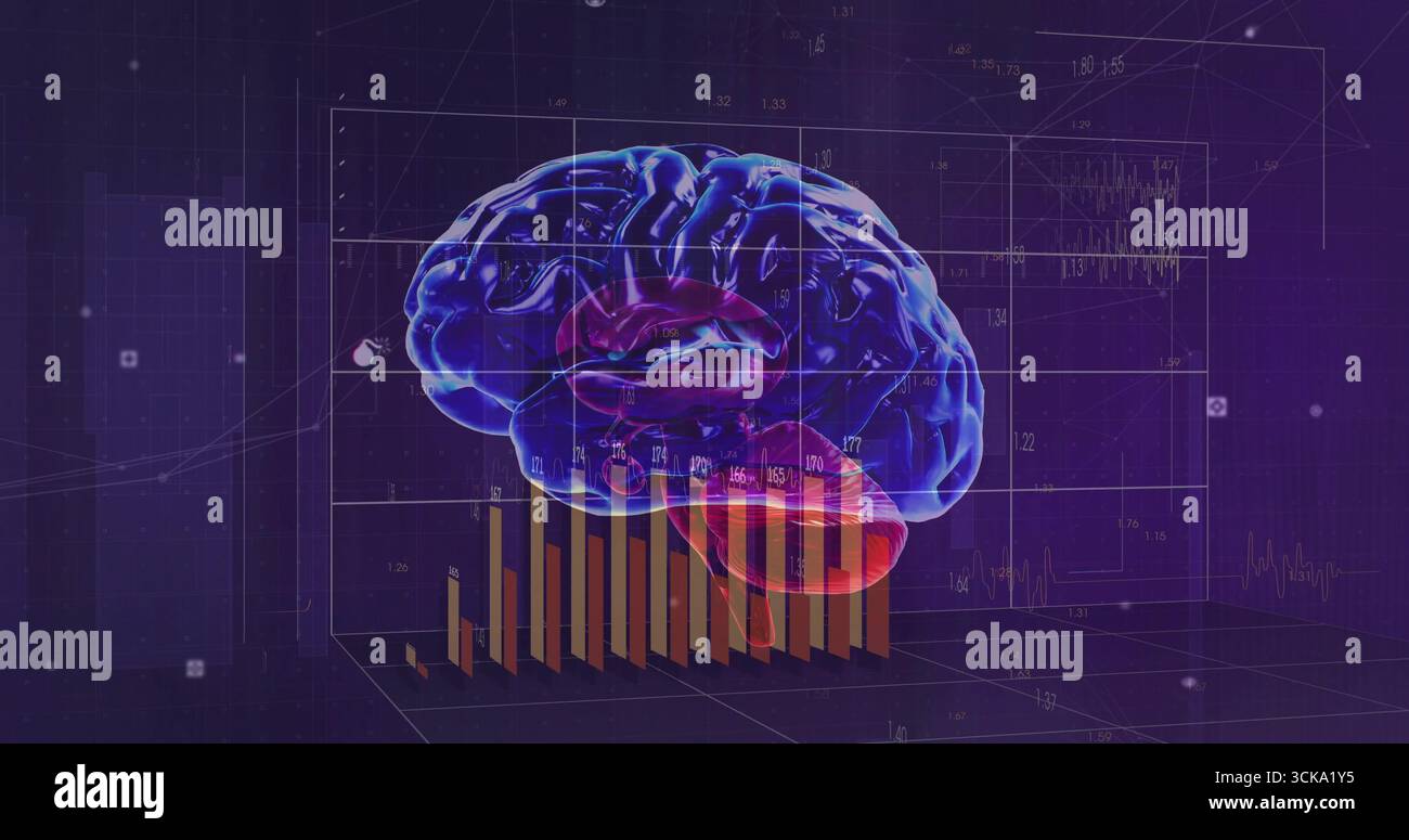 Floating holographic brain model glowing in virtual data interface, with 3D bar charts Stock Photo