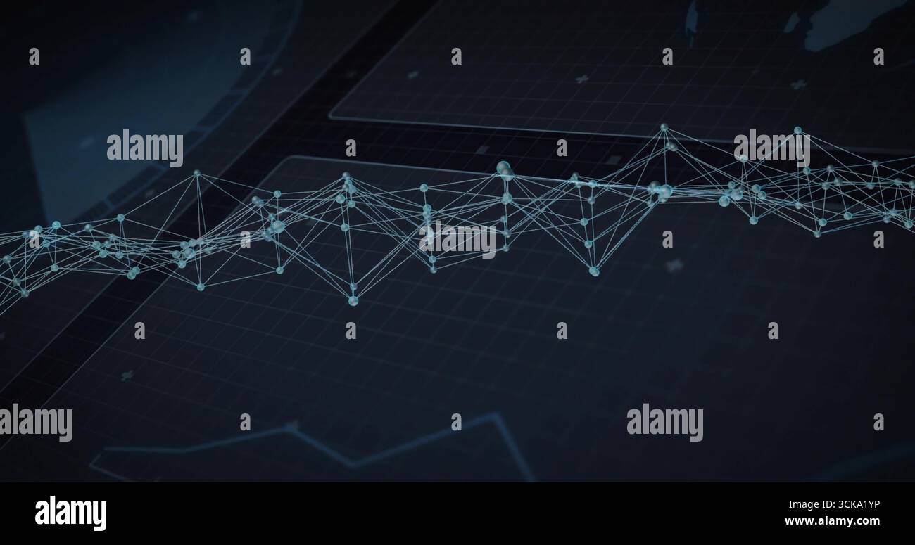 Displaying network graph spanning digital screen, with nodes, mesh lines, globe and map grid Stock Photo