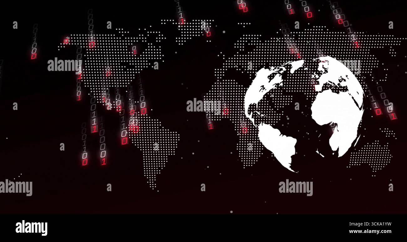 White globe overlapping dotted map in digital network field, with white-red binary code, copy space Stock Photo