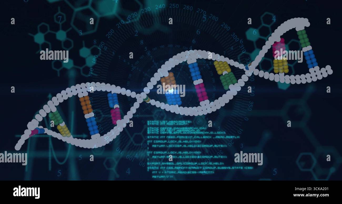 3D DNA helix floating in lab UI, with colored beads, hexagon diagrams, code blocks, waveform traces Stock Photo