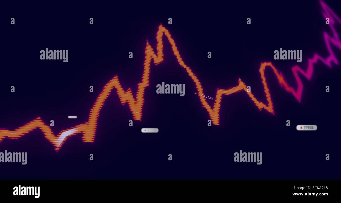 Displaying jagged line graph glowing on dark screen, with numeric labels and rectangular data tags Stock Photo