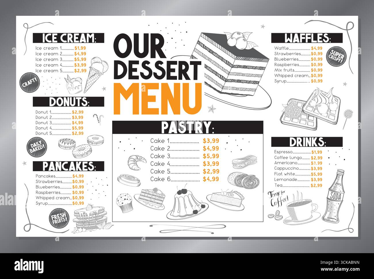 Simple dessert menu card - tabloid format - vector illustration Stock Vector