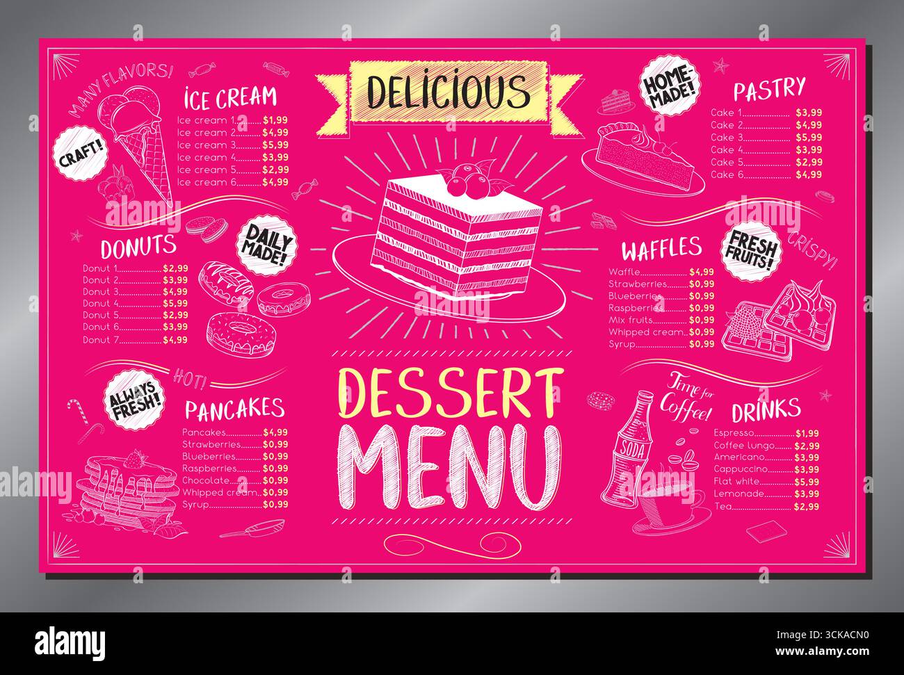 Classic, pink dessert menu card - tabloid format - vector illustration Stock Vector