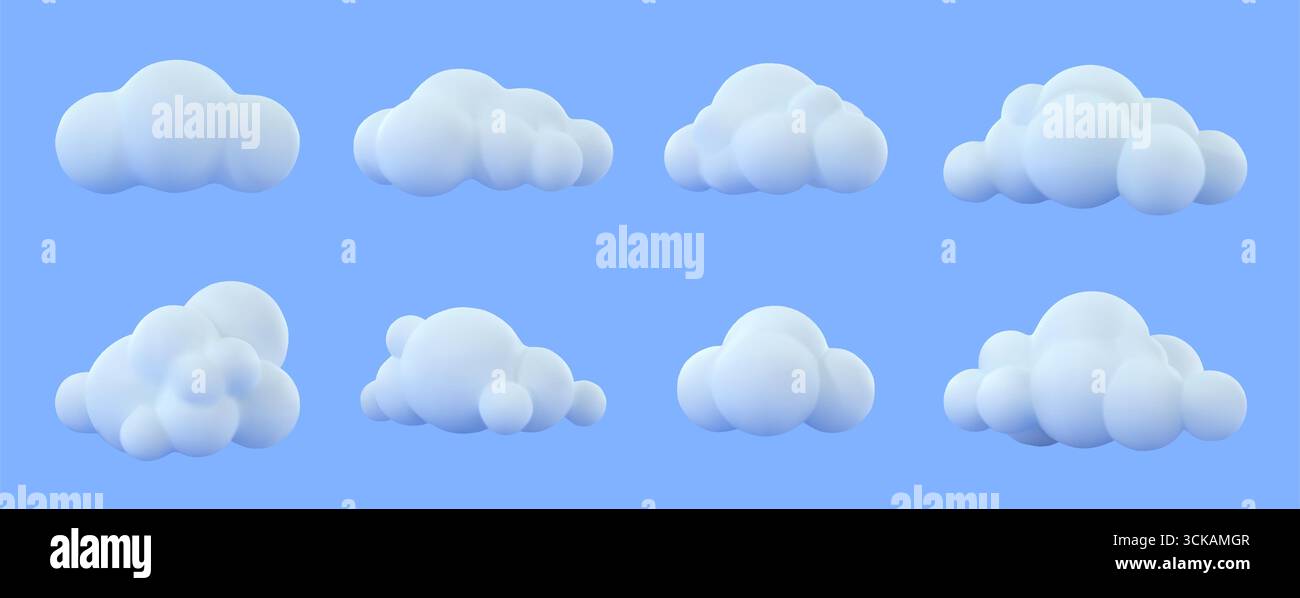 White fluffy 3D clouds. Cartoon puffy cumulus shapes, floating abstract bubble soft cloud and cloudy weather symbol icons. Isolated dreamy cloudscape Stock Vector
