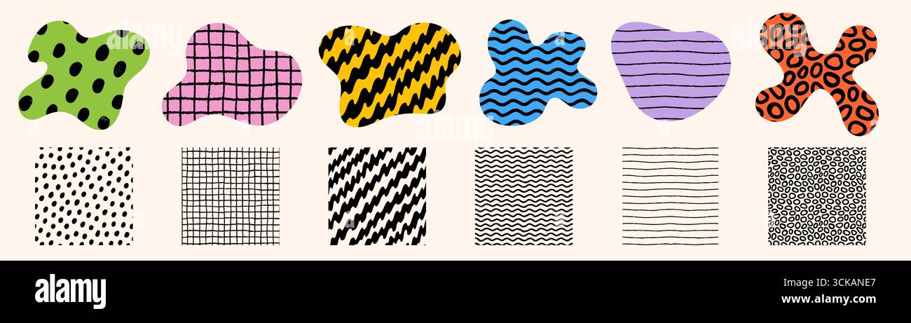 Abstract seamless pattern vector set with colorful blob shapes. Shapes and pattern vector in playful design. Perfect for wallpaper, fabric, wrapping Stock Vector