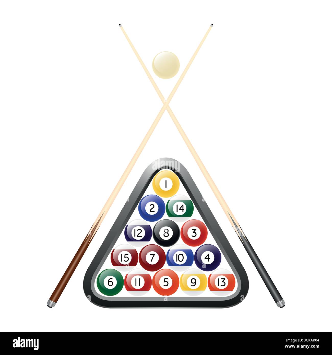 Pool Rack And Cue Icon Billiard and Pool Balls in Triangle Rack with White Cue Ball and Two ...