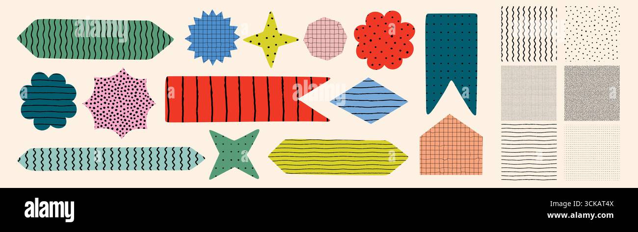 Pattern and shape vector set with colorful abstract forms like banners, stars, diamonds, flowers, and arrows. Crayon texture seamless patterns. Drag Stock Vector