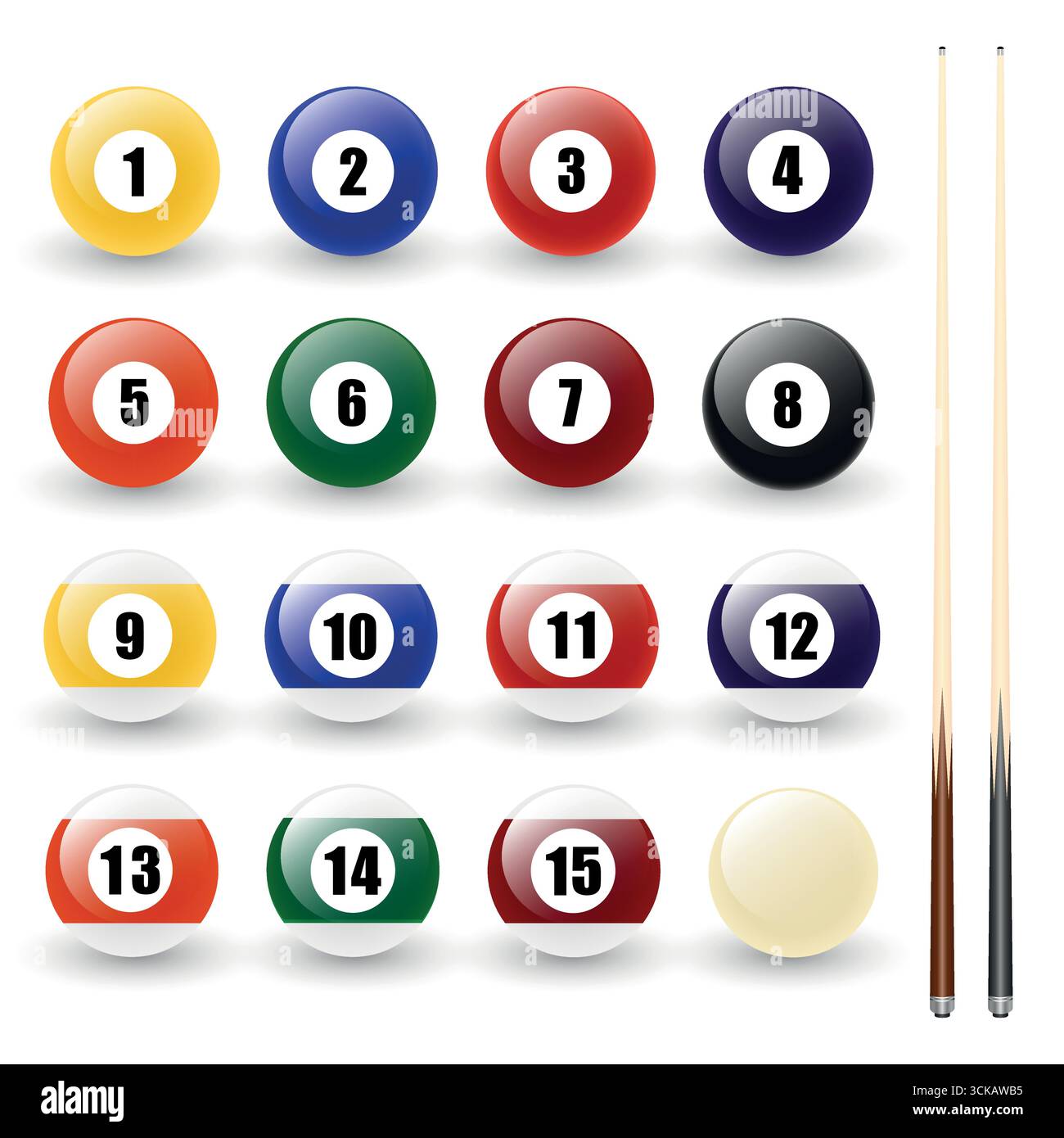 Pool balls with numbers and cues collection realistic glossy hi-res ...