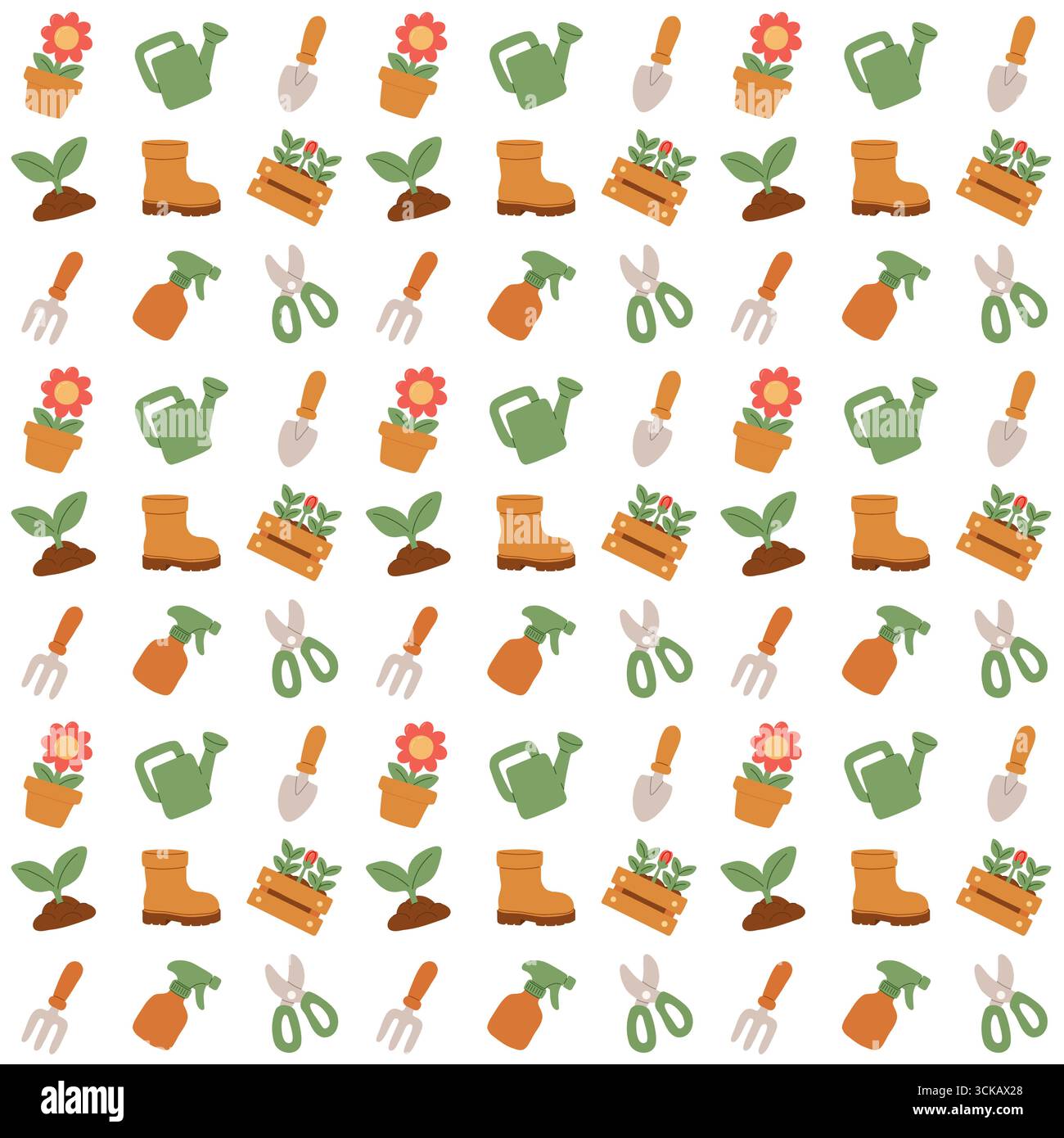 Seamless flat gardening pattern with tools, seedlings, flowers, watering can, spray bottle and boots. Spring garden background for textile, wallpaper Stock Vector