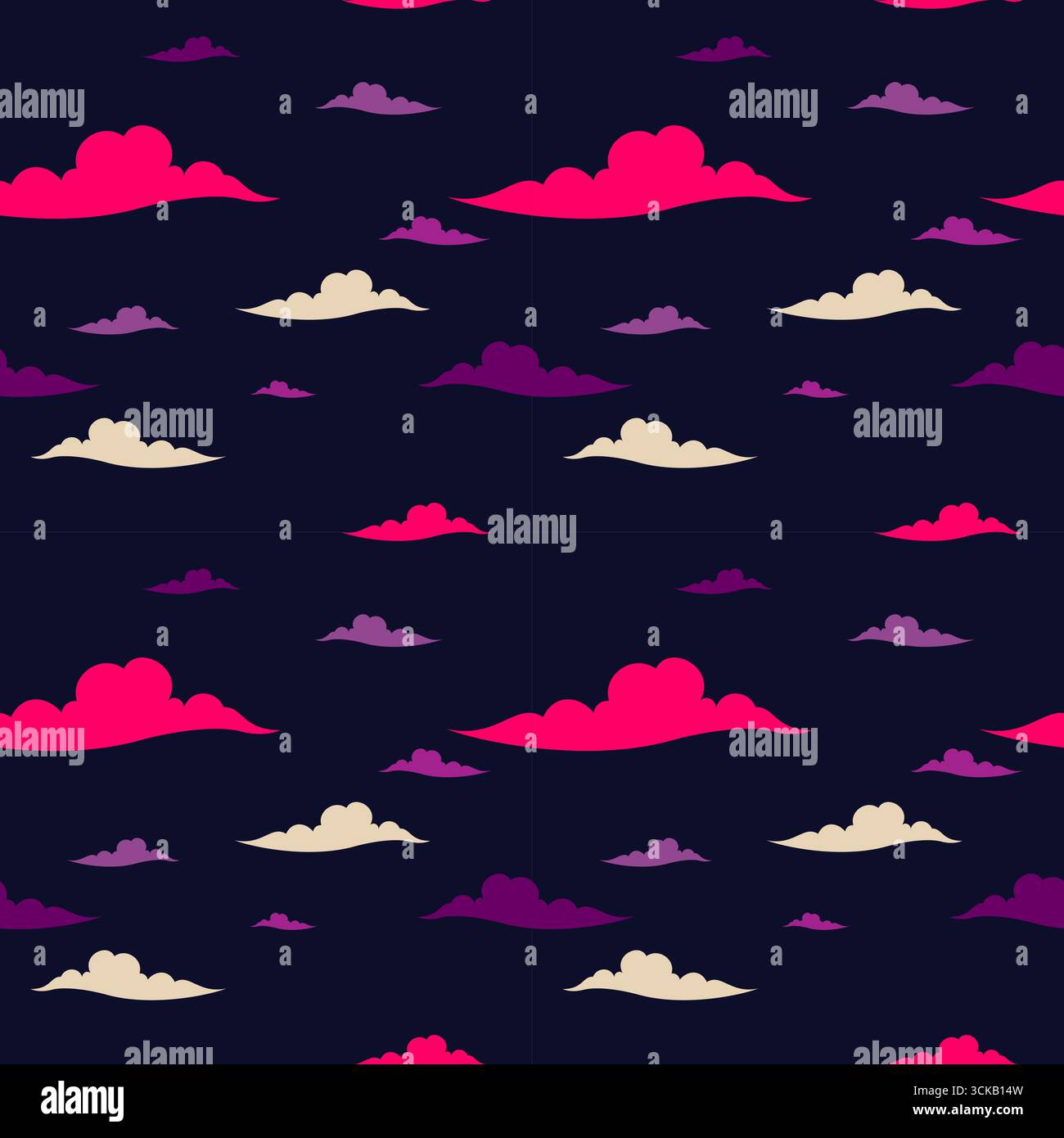 Vector seamless pattern white cartoon clouds on a black sky background. Stock Vector
