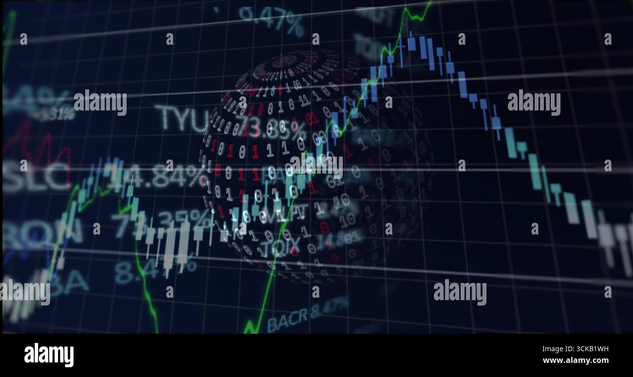 Rotating 3D binary sphere floating over trading interface, with candlestick bars and line graphs Stock Photo